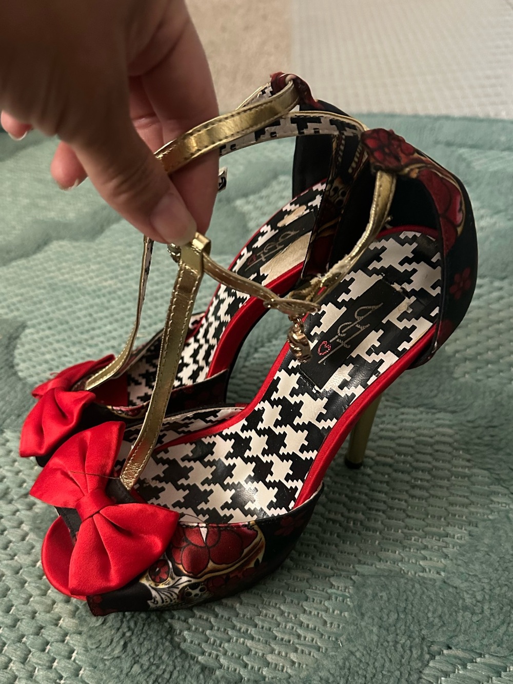 Vintage Rockabilly Red Bow T-Strap High Heel Sandals